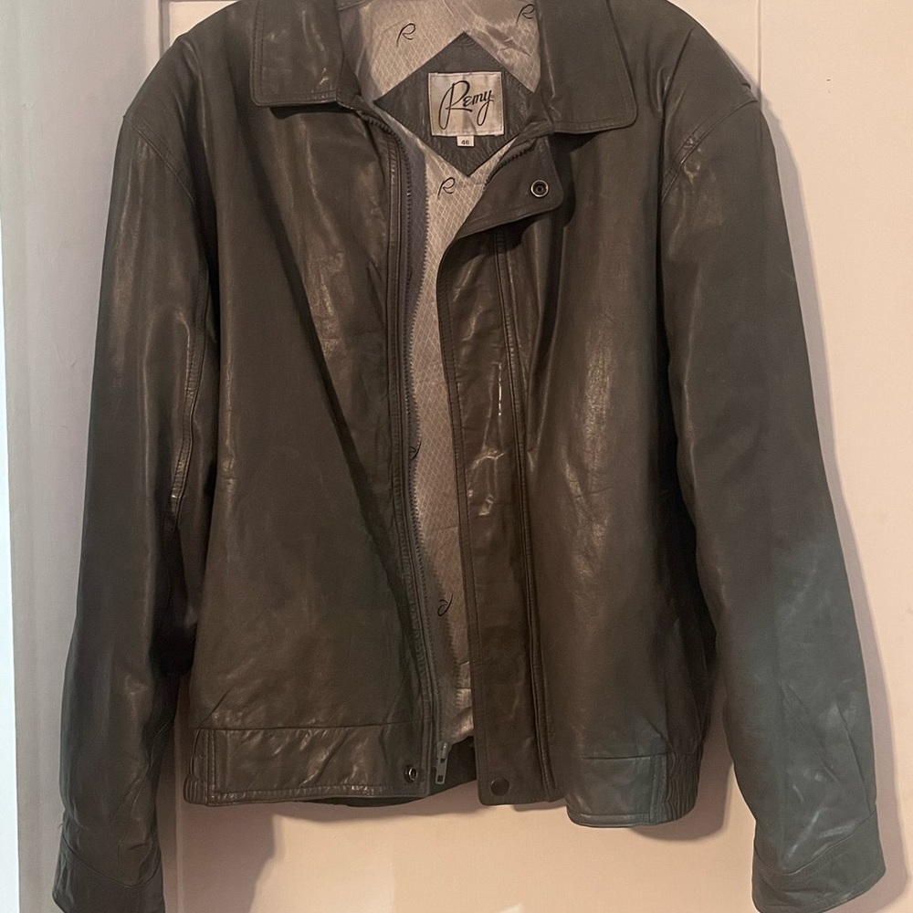 REMY MEN'S 1980s GRAY ZIP-UP VINTAGE LEATHER JACKET WITH POCKETS SIZE 46